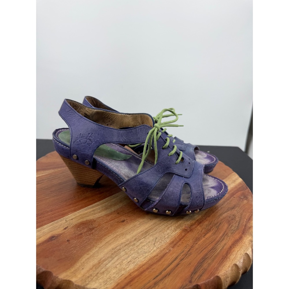 John Fluevog Sandals Joni low rule 7.5 Purple Leather Lace Up Wood Heel Studded